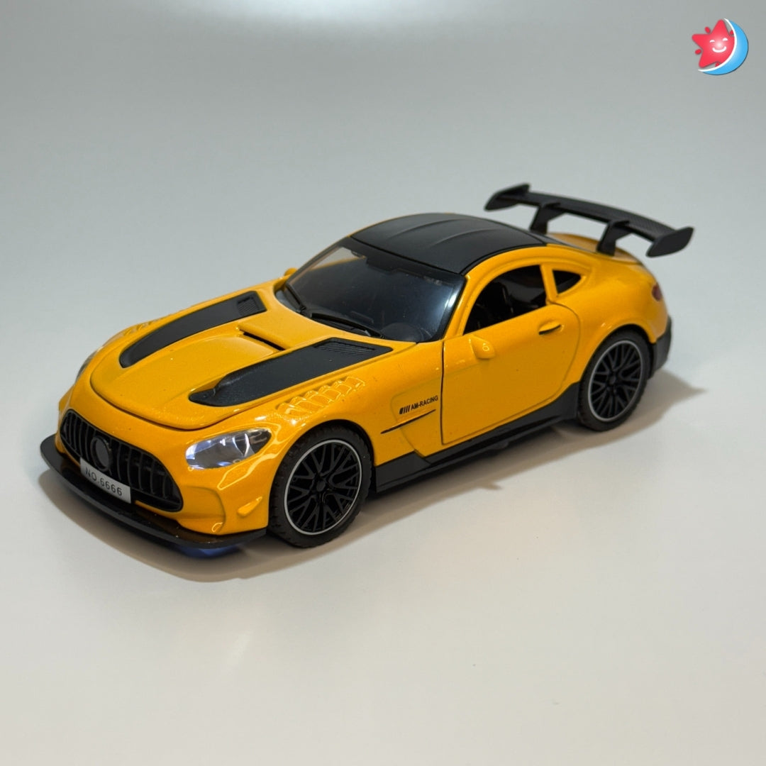 Benz AMG Yellow sports car model with black details on a white in Tingle Totsbackground