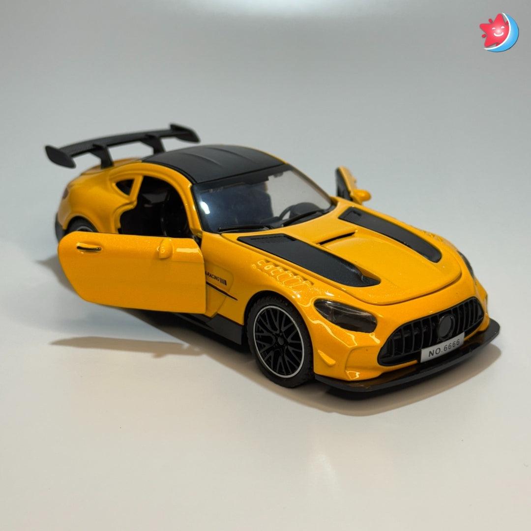 Benz AMG Yellow toy car with black details on a light gray background in Tingle Tots