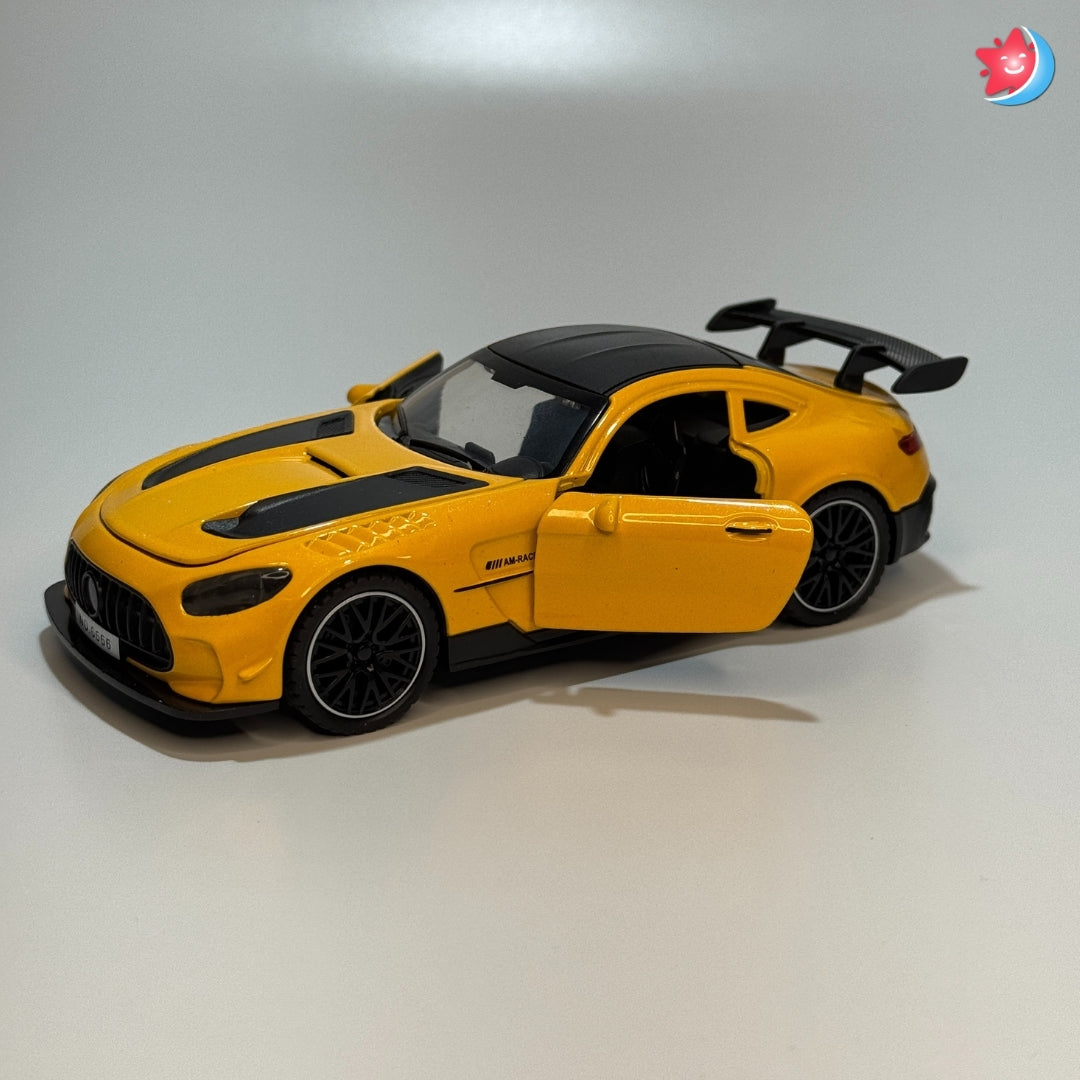 Benz AMG Yellow toy car with open door on a white background in Tingle Tots