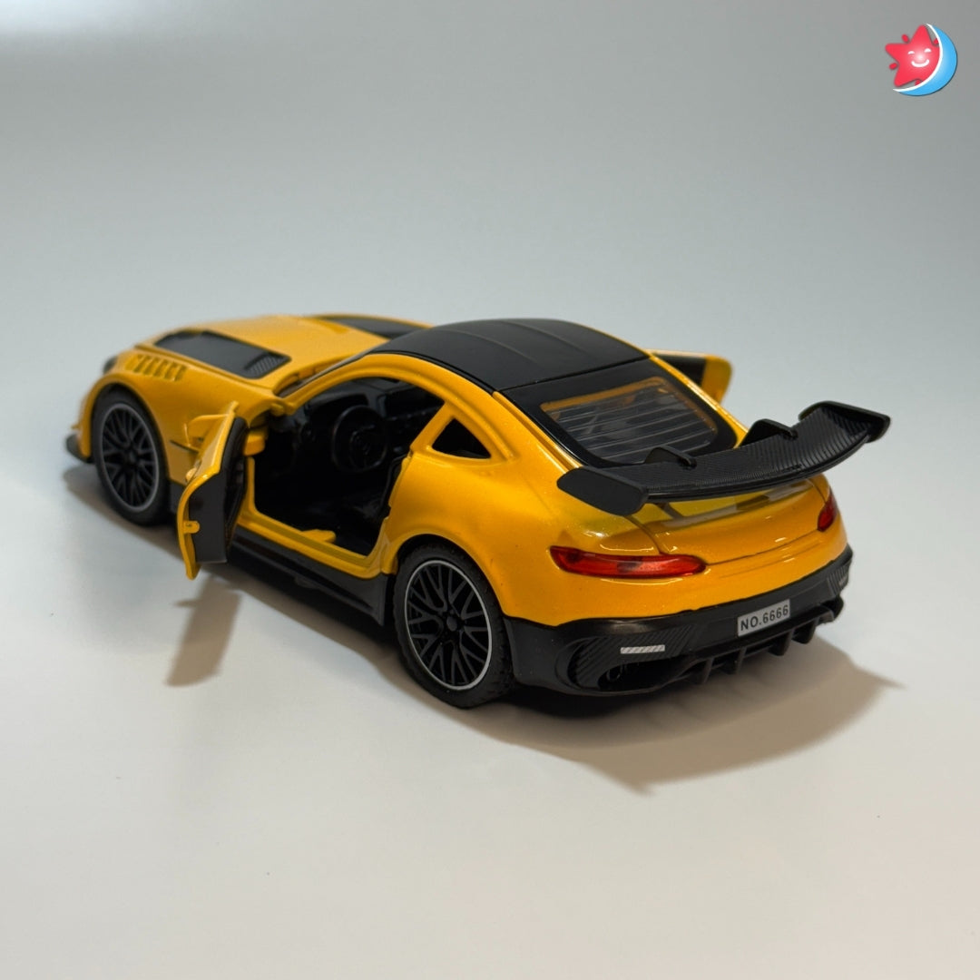 Benz AMG Yellow toy car with open door on a light gray background in Tingle Tots
