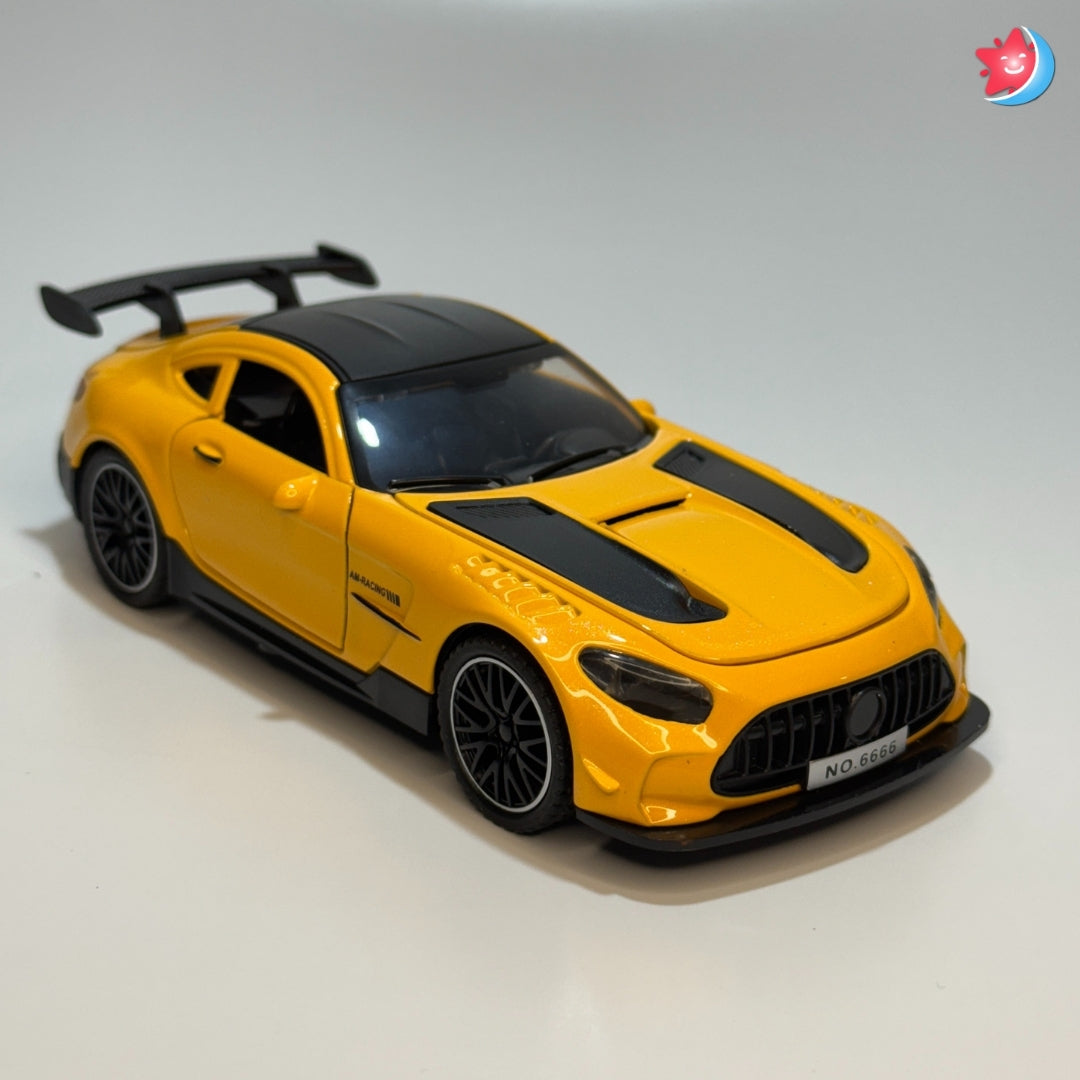 Benz AMG Yellow toy car with black details on a light gray background in Tingle Tots