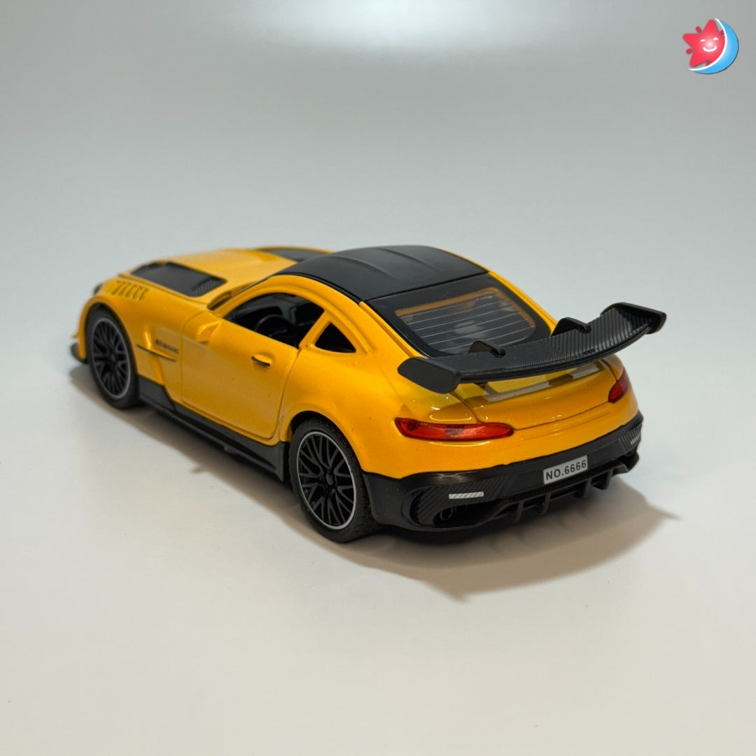 Benz AMG Yellow toy car with black roof on a white background in Tingle Tots