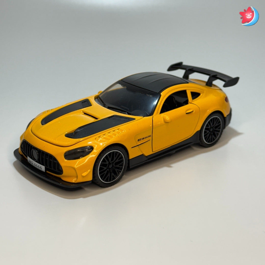 Benz AMG Yellow sports car model with black details on a white background in Tingle Tots