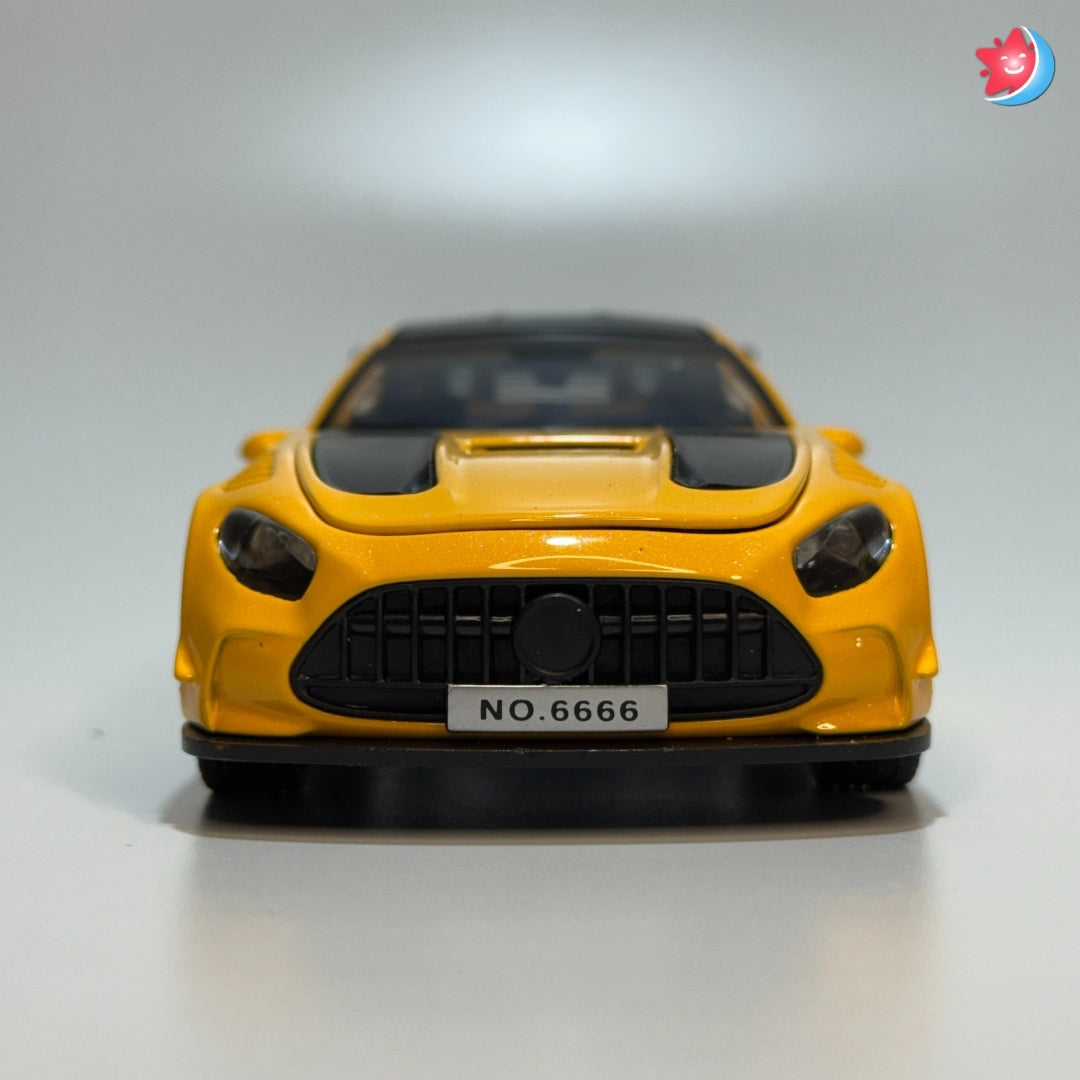 Benz AMG Yellow toy car with a black license plate on a gray background in Tingle Tots