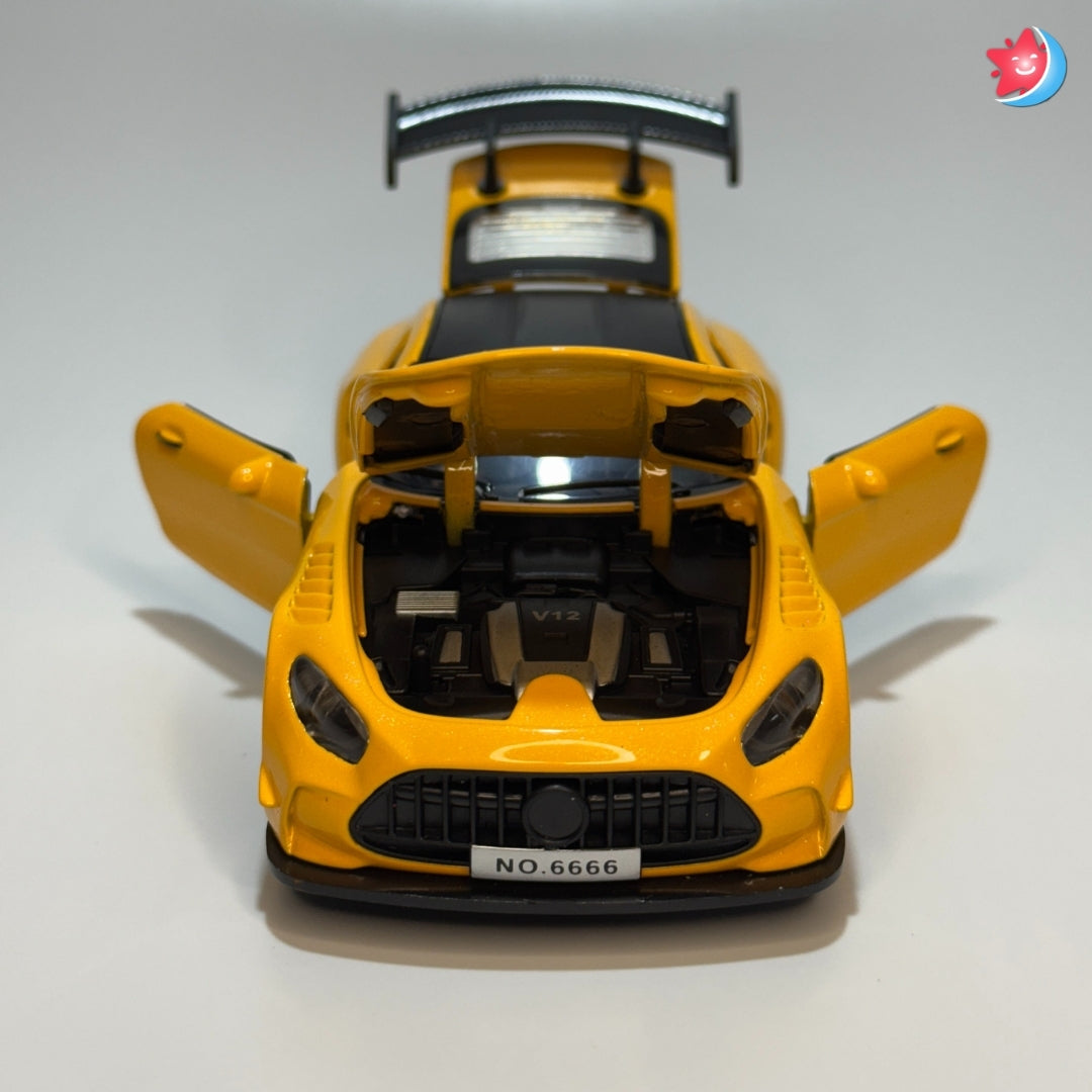 Benz AMG Yellow toy car with open doors on a white background in Tingle Tots