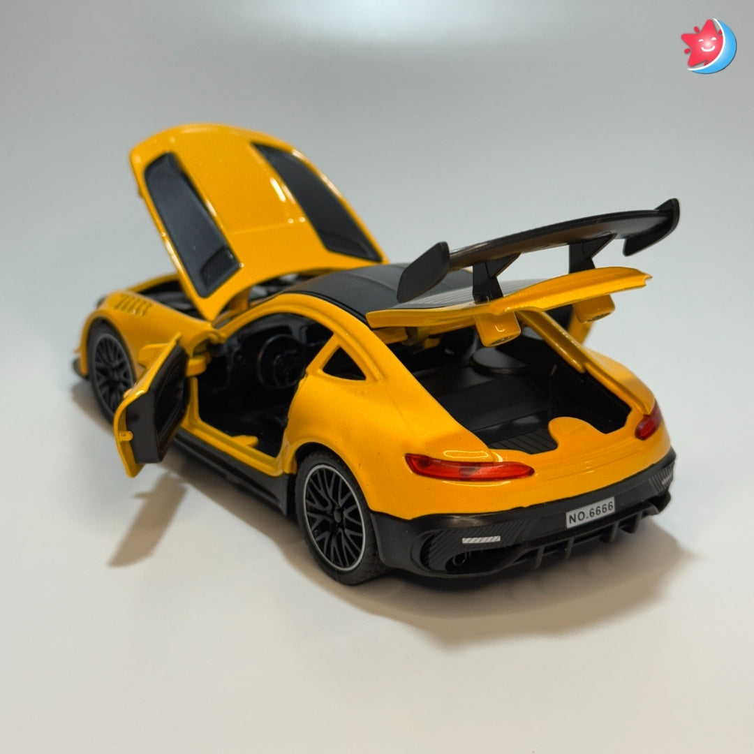 Benz AMG Yellow toy car with open doors on a white background in Tingle Tots