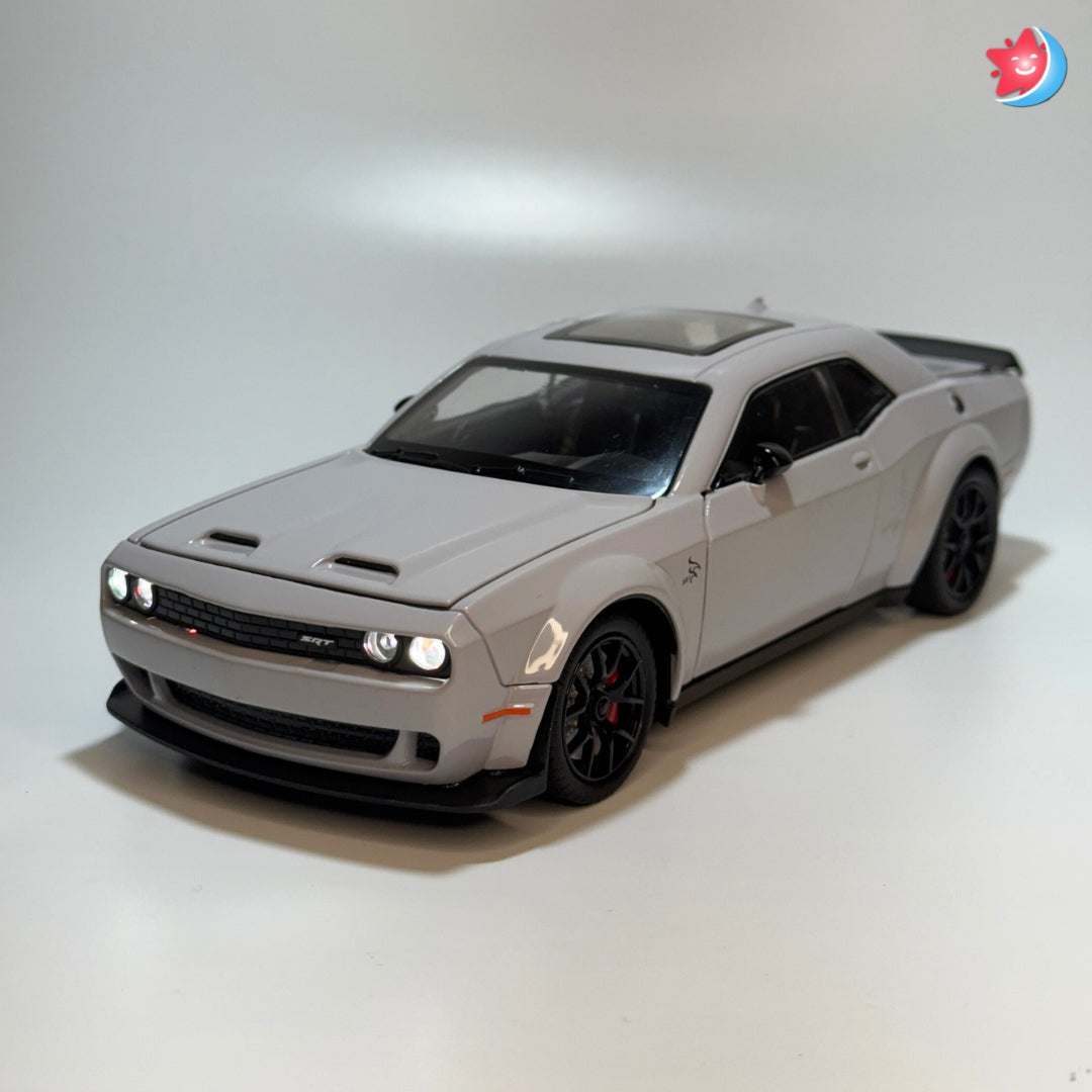 Dodge Challenger SRT Hellcat 1:24 scale diecast model car with openable doors, pull back action, light and music Gray Colour From Tingle Tots