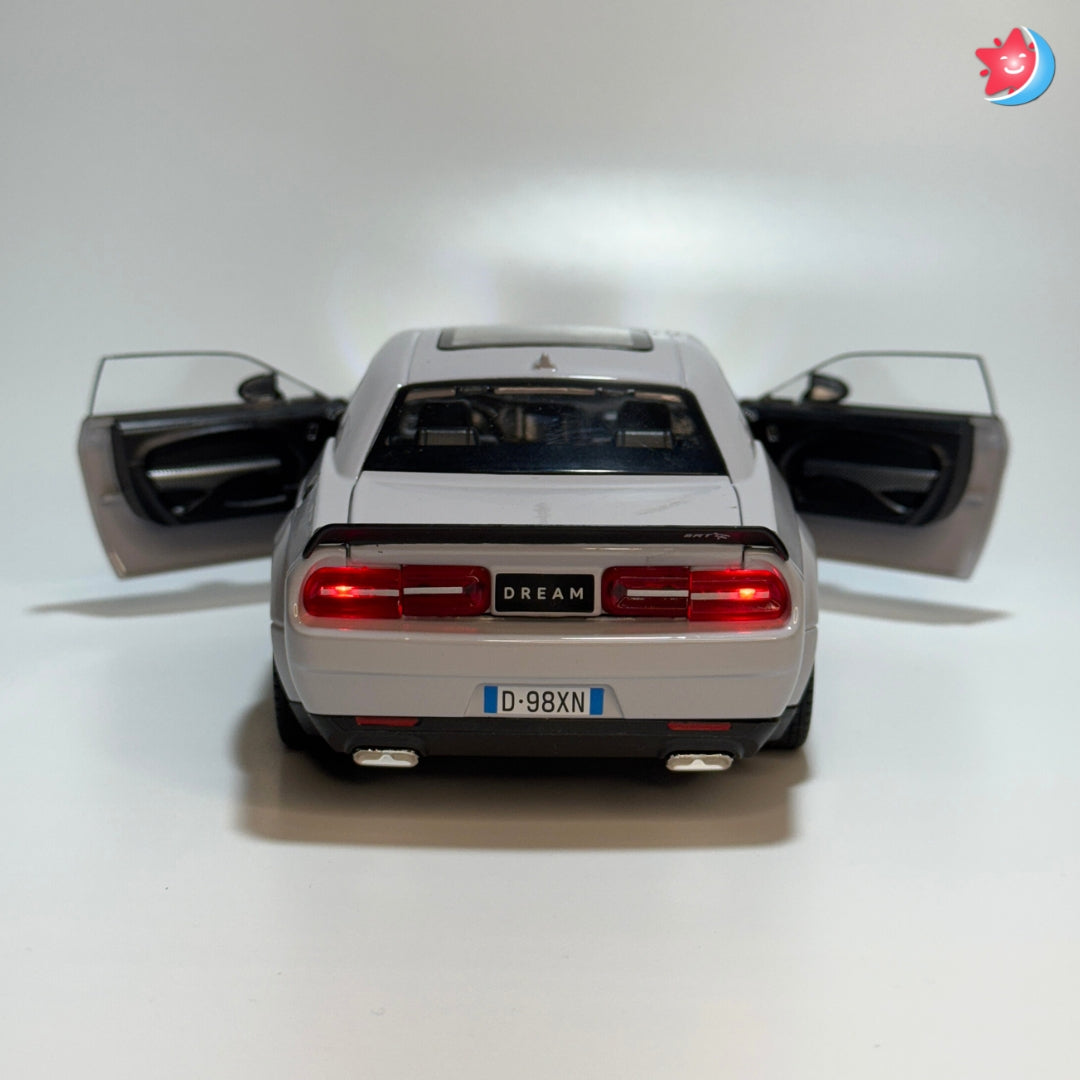 Dodge Challenger SRT Hellcat 1:24 scale diecast model car with openable doors, pull back action, light and music
