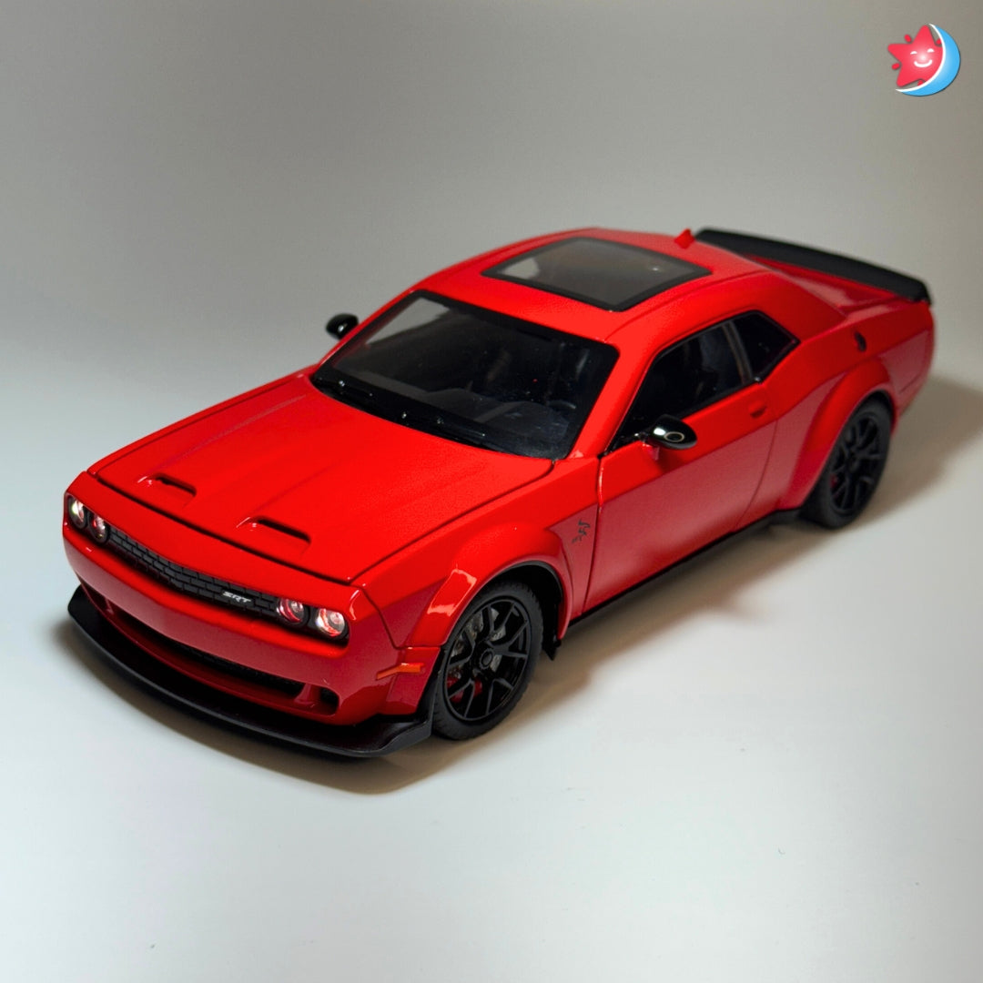 Dodge Challenger SRT Hellcat 1:24 scale diecast model car with openable doors, pull back action, light and music Red colour From Tingle Tots