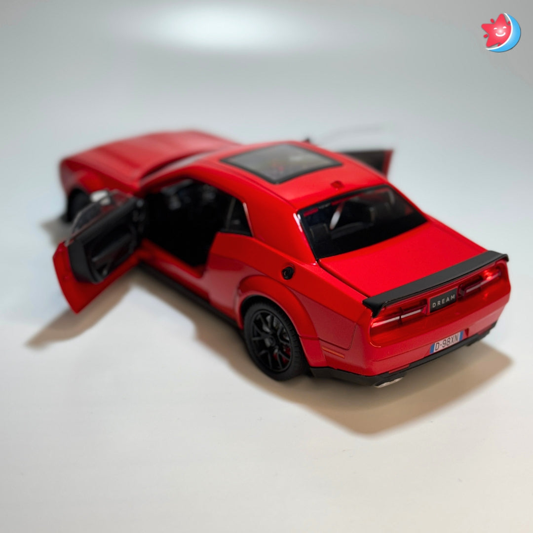 Dodge Challenger SRT Hellcat 1:24 scale diecast model car with openable doors, pull back action, light and music