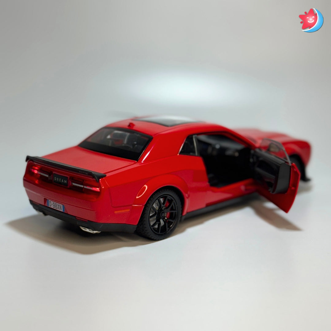 Dodge Challenger SRT Hellcat 1:24 scale diecast model car with openable doors, pull back action, light and music