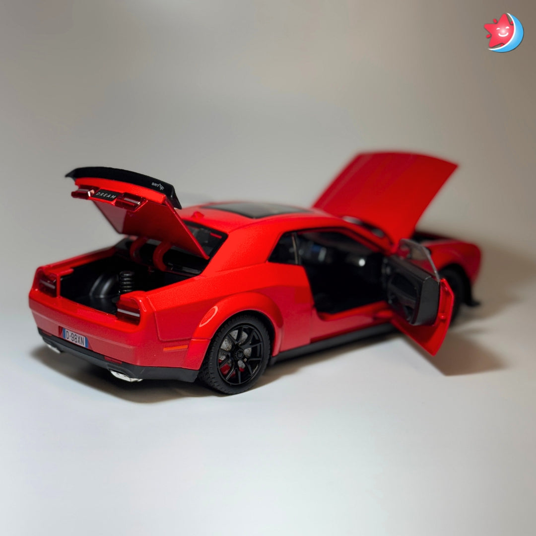 Dodge Challenger SRT Hellcat 1:24 scale diecast model car with openable doors, pull back action, light and music