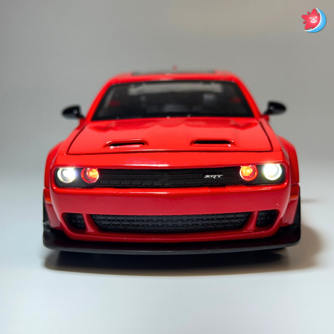 Dodge Challenger SRT Hellcat 1:24 scale diecast model car with openable doors, pull back action, light and music