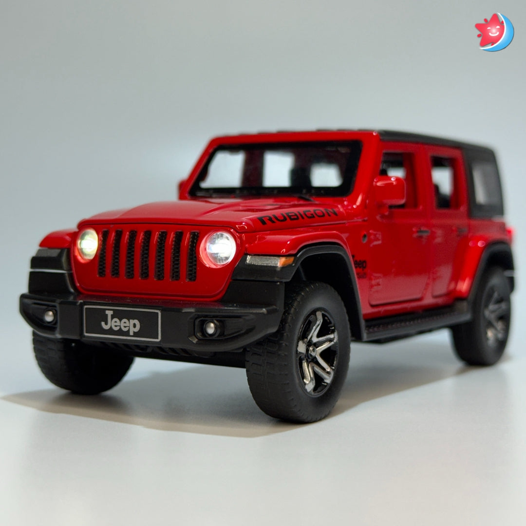 Red Jeep Rubicon model car on a light gray background