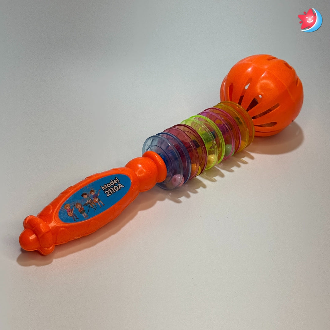 Colorful toy with a gradient design on an orange handle against a white background