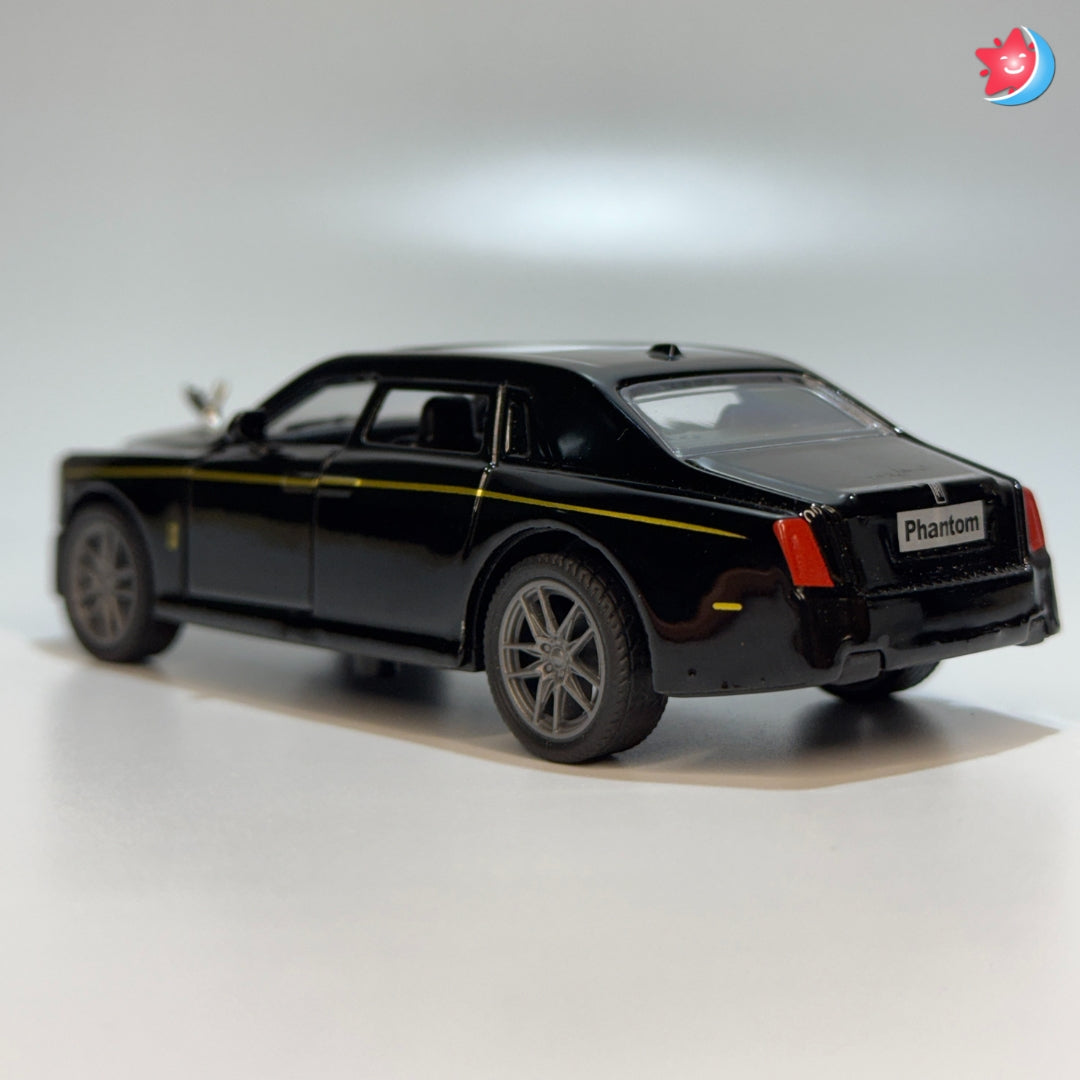 Black model car with 'Phantom' branding on a white background