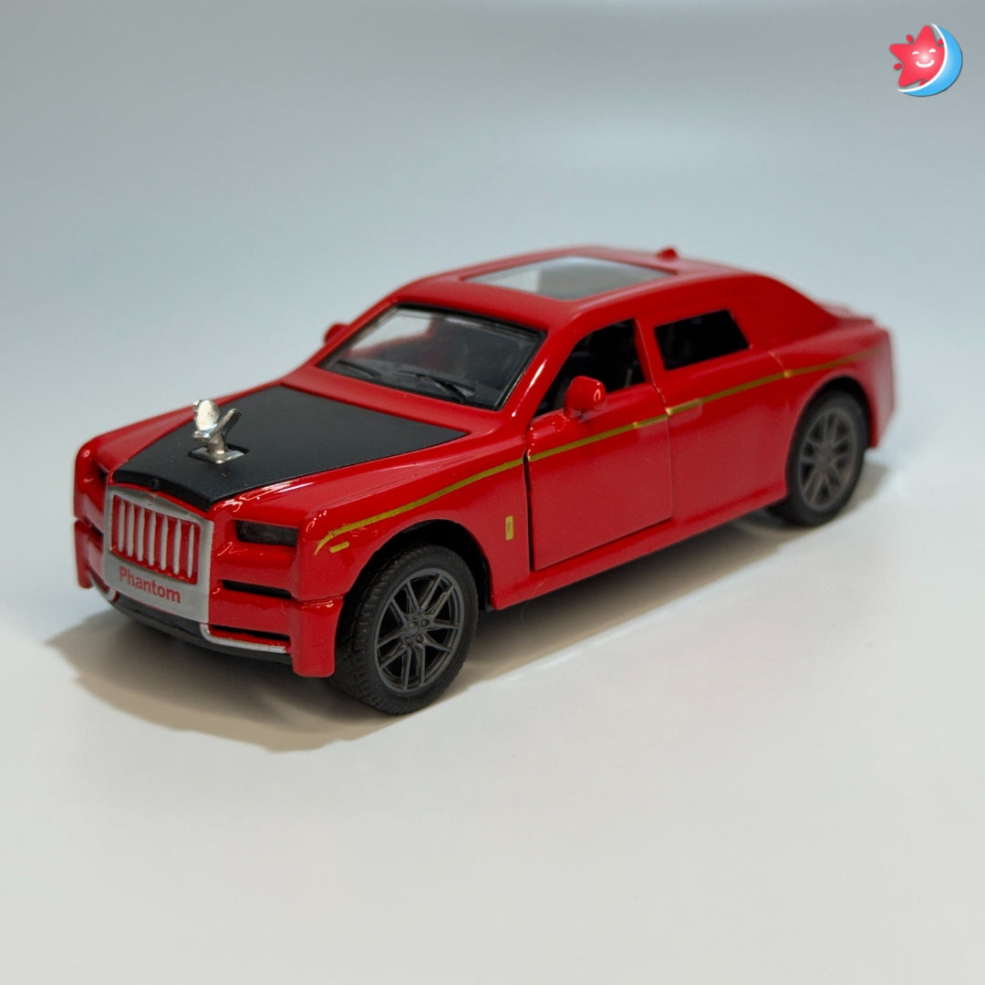 Red toy car model on a light gray background