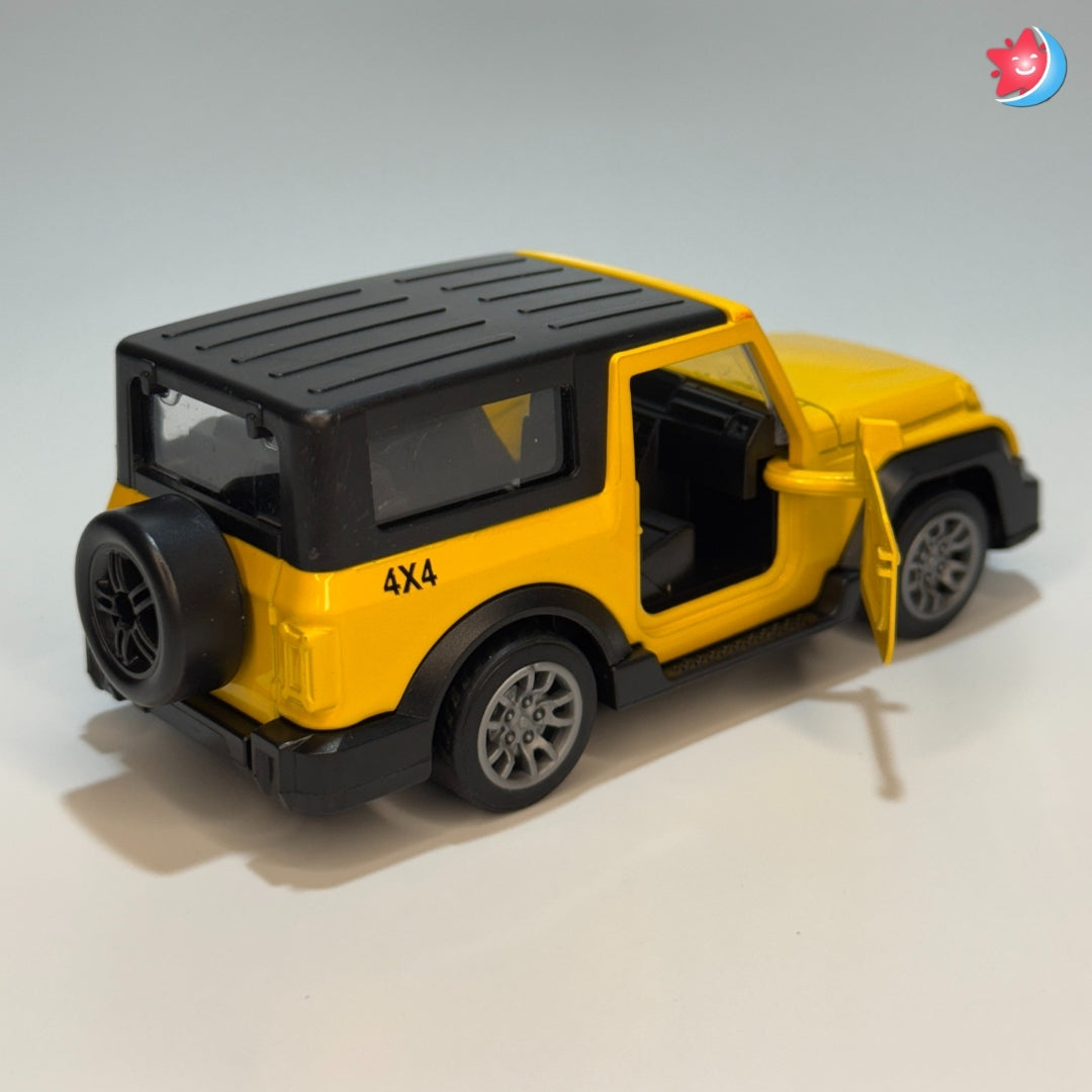 Yellow toy jeep with black roof on a light gray background