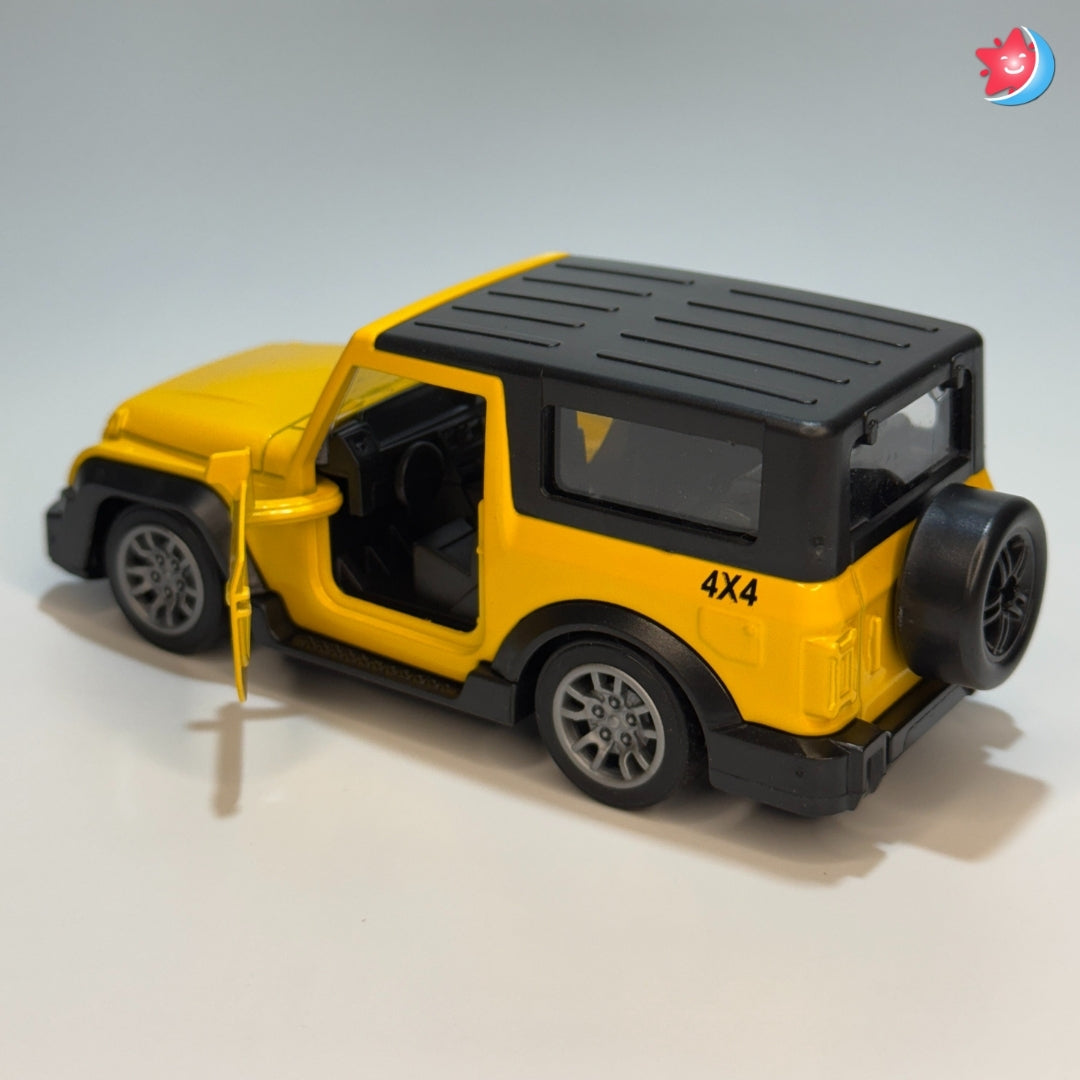 Yellow toy jeep with black roof on a light gray background