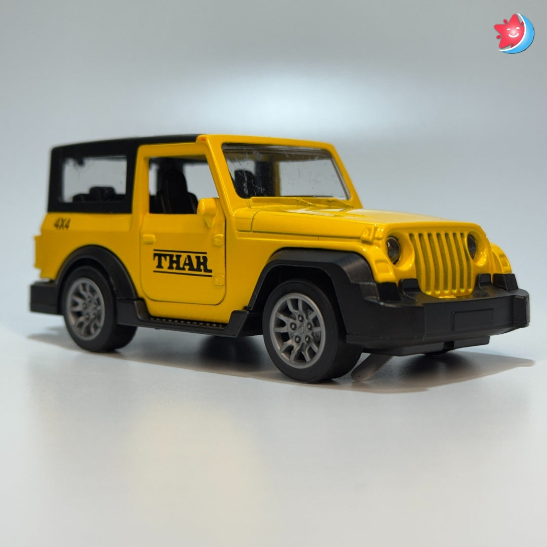 Yellow toy jeep with black roof on a white background