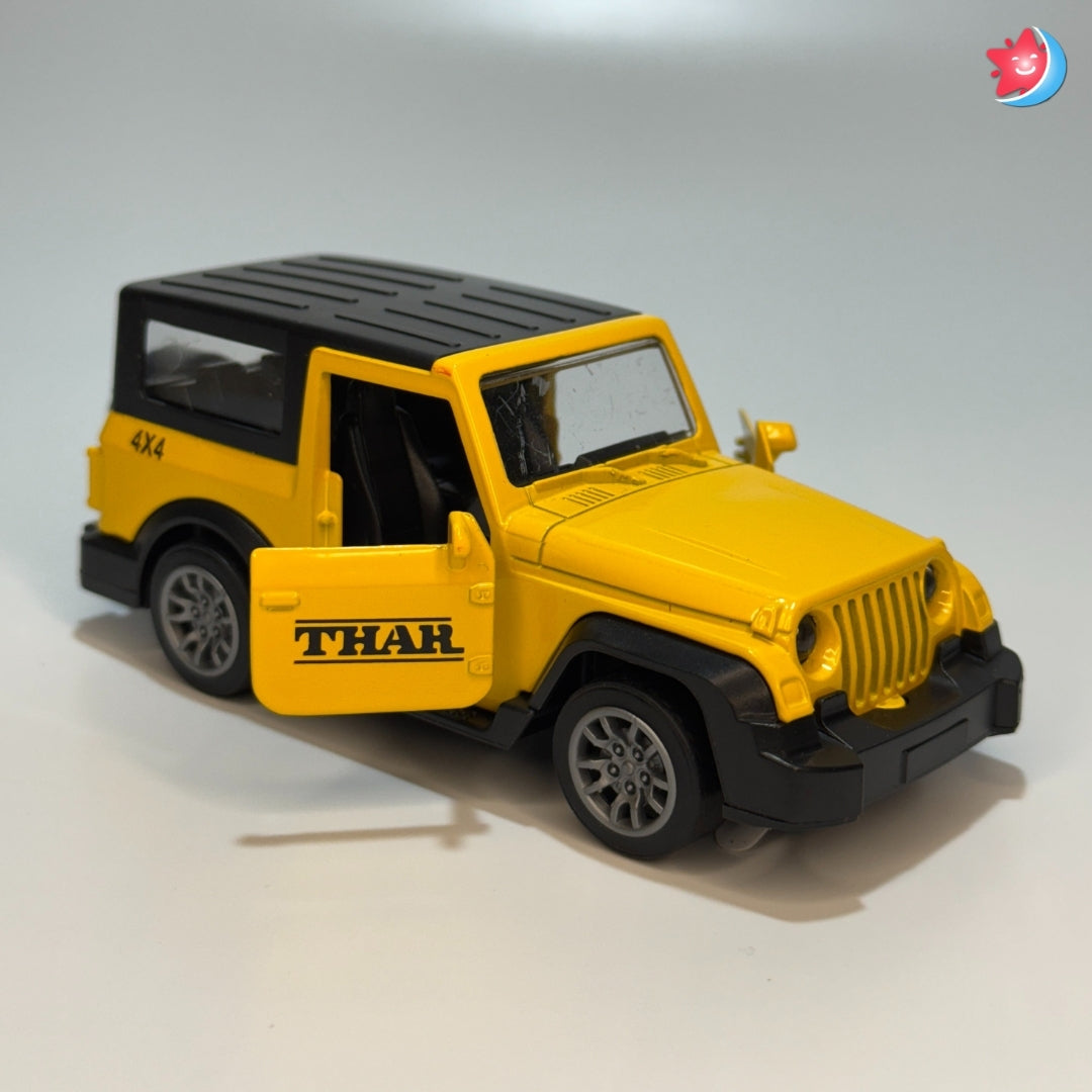 Yellow toy jeep with black roof on a light gray background