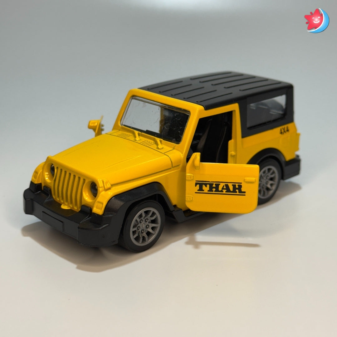 Yellow toy jeep with black roof and 'THAR' branding on a light gray background