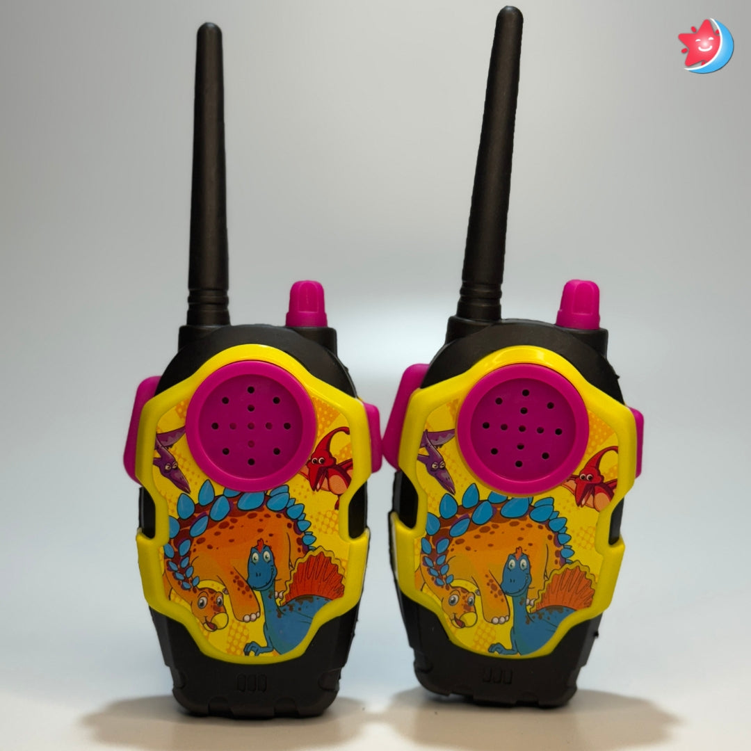 Pair of colorful toy walkie-talkies with dinosaur designs on a white background
