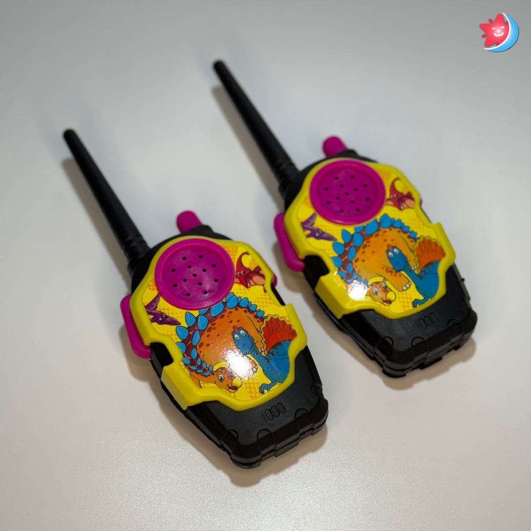 Colorful toy walkie-talkies with cartoon designs on a white background