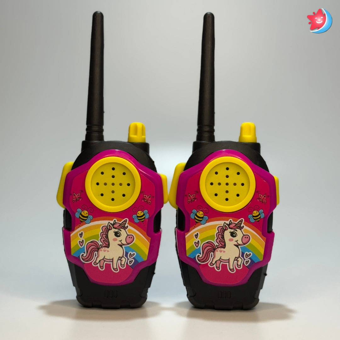 Pair of colorful toy walkie-talkies with unicorn designs on a light gray background