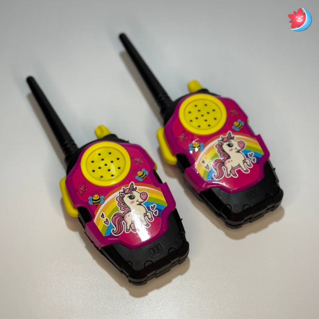 Pair of colorful toy walkie-talkies with unicorn designs on a white background